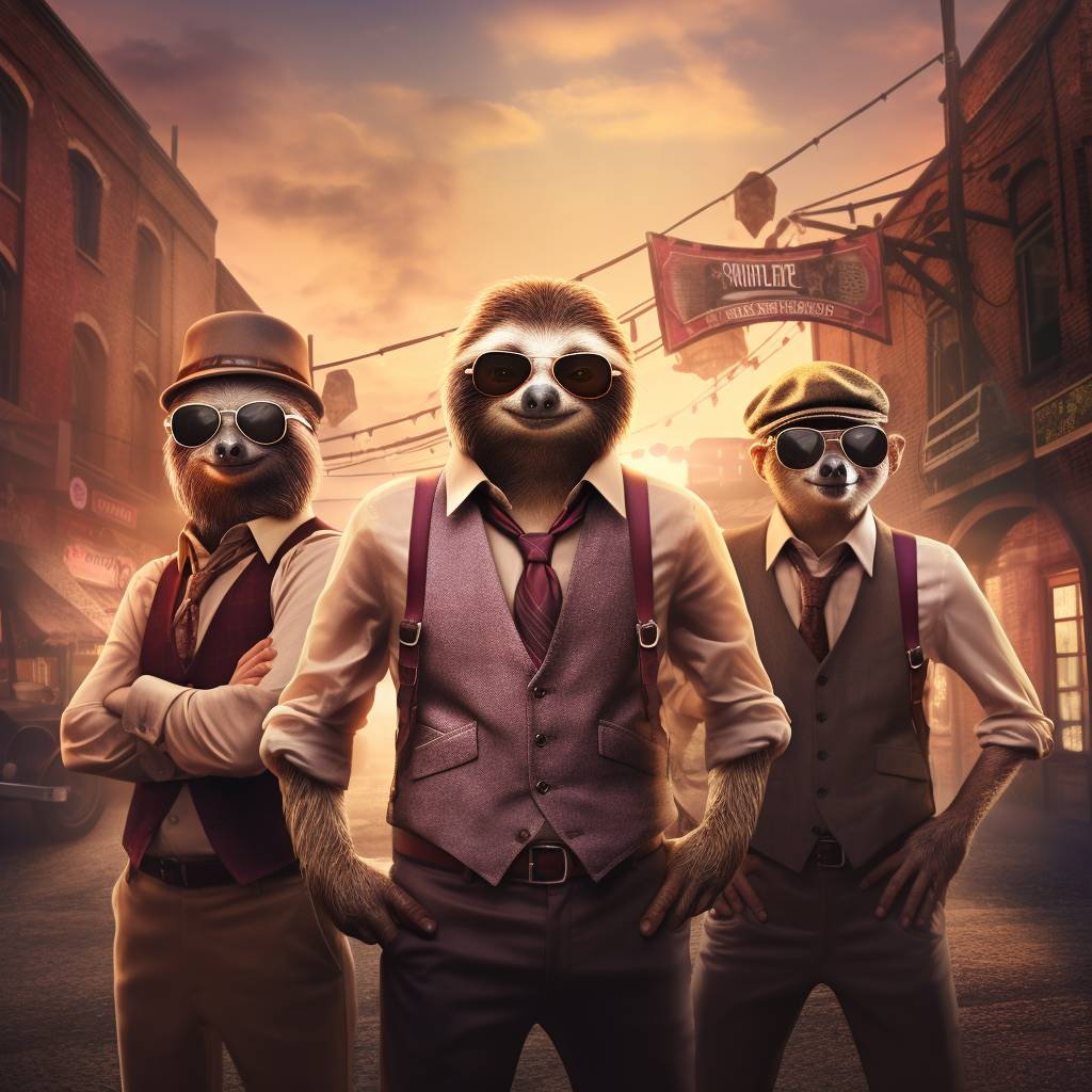 "Sloth Trio Town" Midjourney 5.2 Prompt – Promptalot