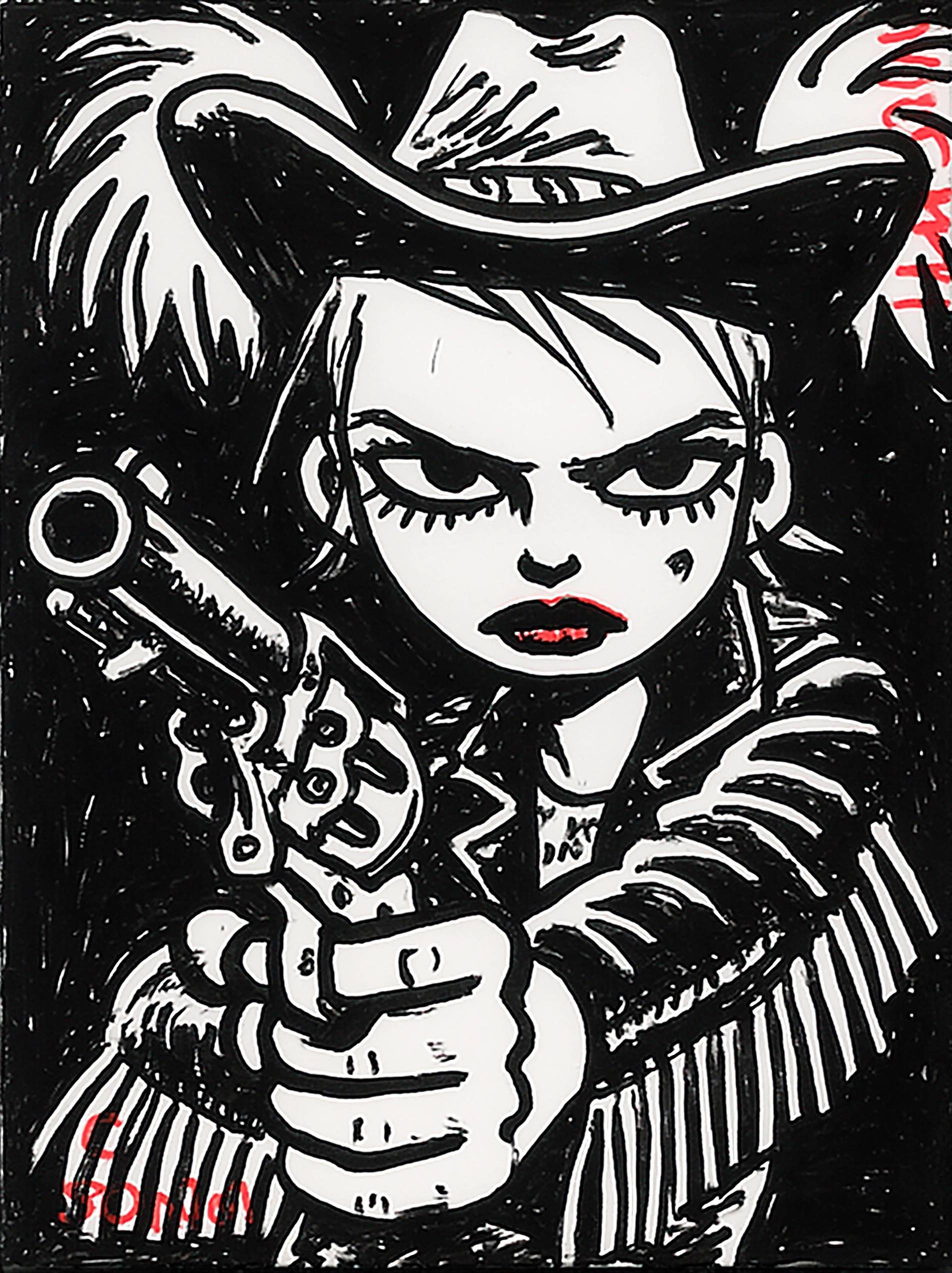 Harley Quinn as a cowboy, holding a gun and wearin...