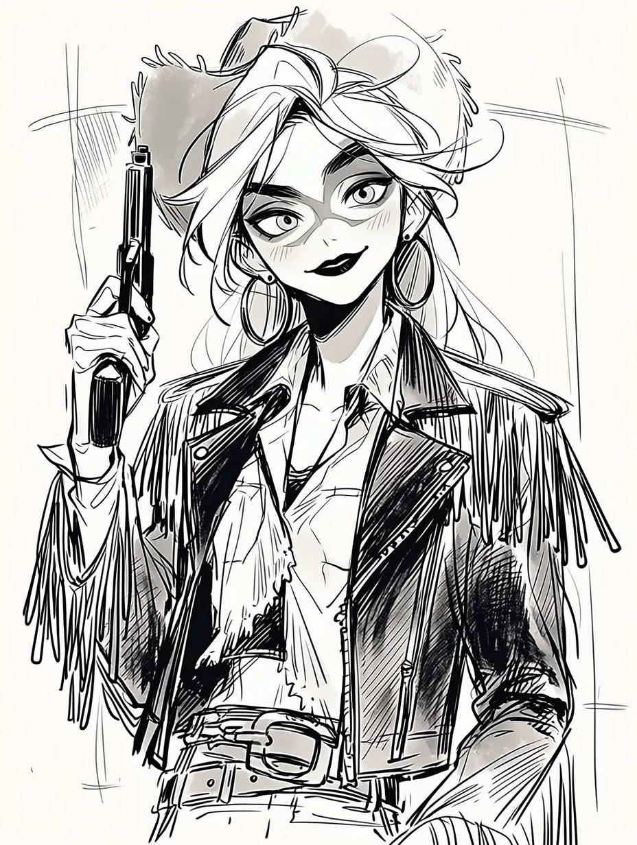 Harley Quinn as a cowboy, holding a gun and wearin...